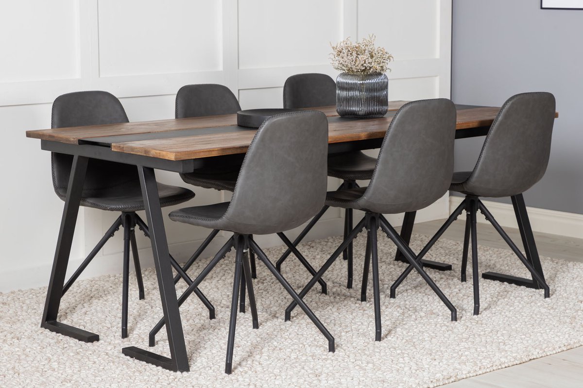 Jakarta Eethoek Eetkamertafel Teakhout En 6 Polar Eetkamerstal Pu Kunstleer Zwart. - Bruin