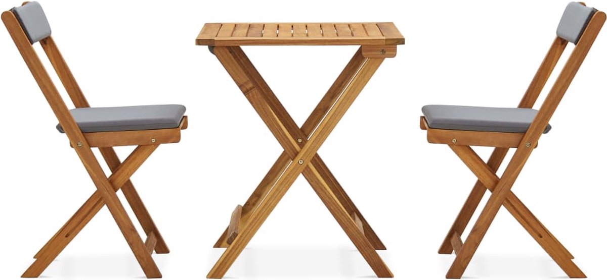 Vidaxl 3-delige Bistroset Inklapbaar Met Kussens Massief Acaciahout - Grijs
