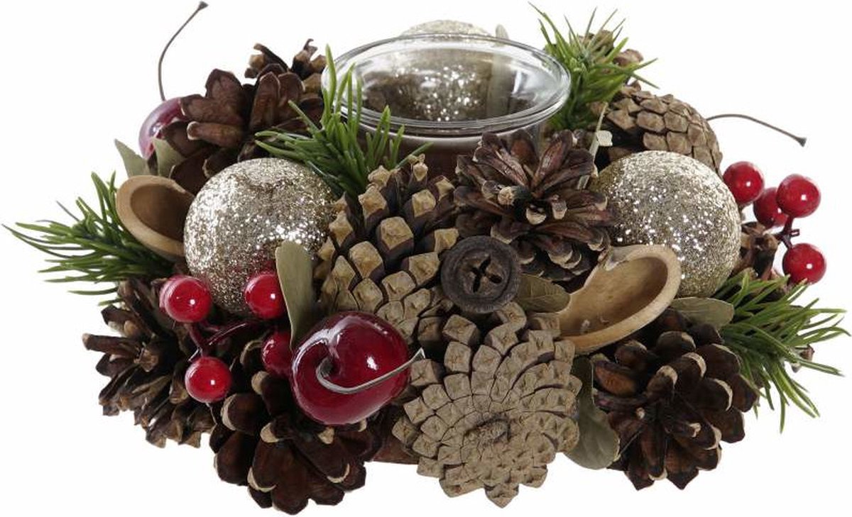 Items Kerst Thema Kaarsenhouder Ornament Bruin/rood/goud Nature 19 Cm - Waxinelichtjeshouders