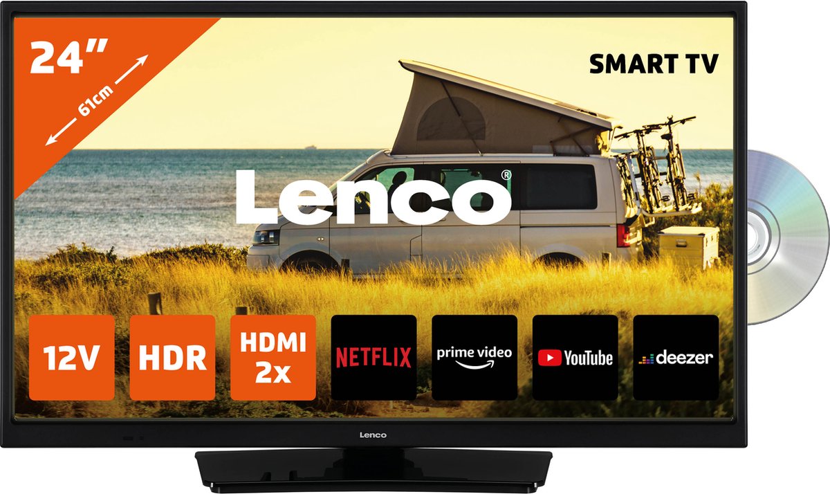 Lenco 24"" Smart Tv Met Ingebouwde Dvd Speler En 12v Auto Adapter Dvl-2483bk - Zwart