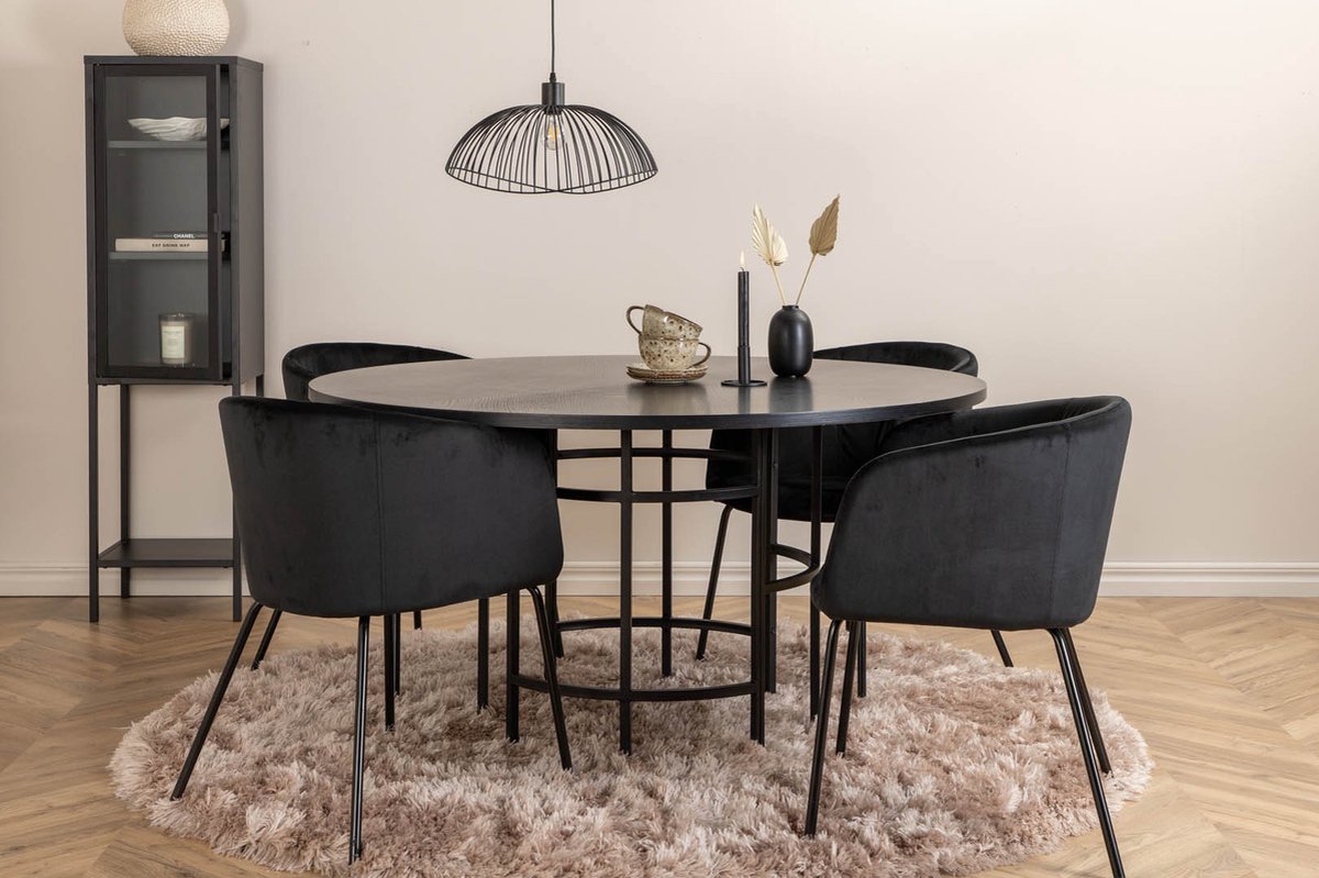 Copenhagen Eethoek Eetkamertafel En 4 Berit Eetkamerstal Velours Zwart. - Bruin