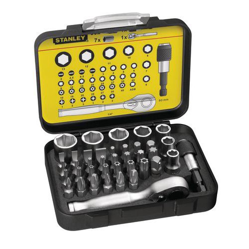 Stanley Koffer met 39 bits + doppen + miniratel Fatmax pro