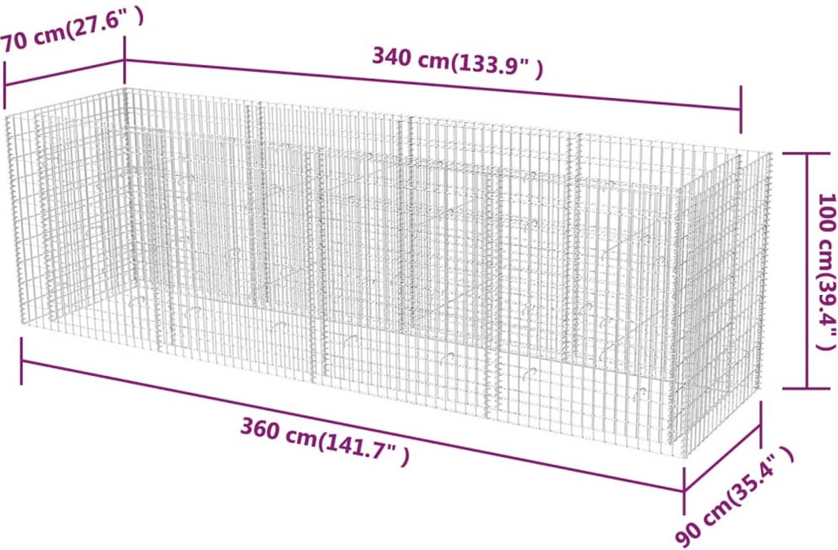 Vidaxl Gabion Plantenbak Verhoogd 360x90x100 Cm Staal - Silver