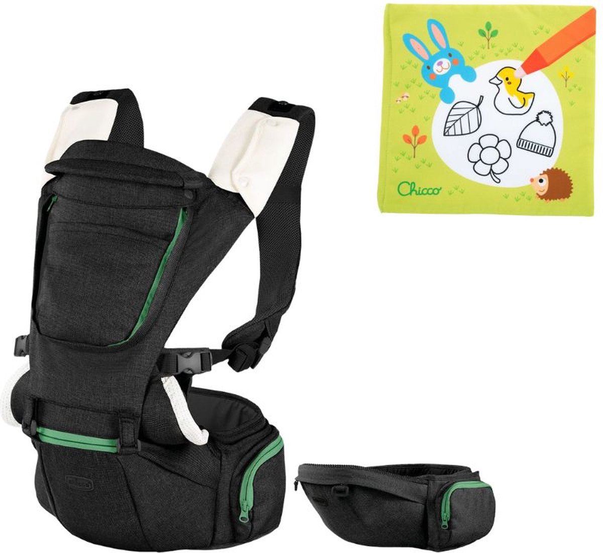 Chicco Bundel - Draagzak Hip Seat - Black & Babyboekje - Kleuren Met Water - Seizoenen - Zwart