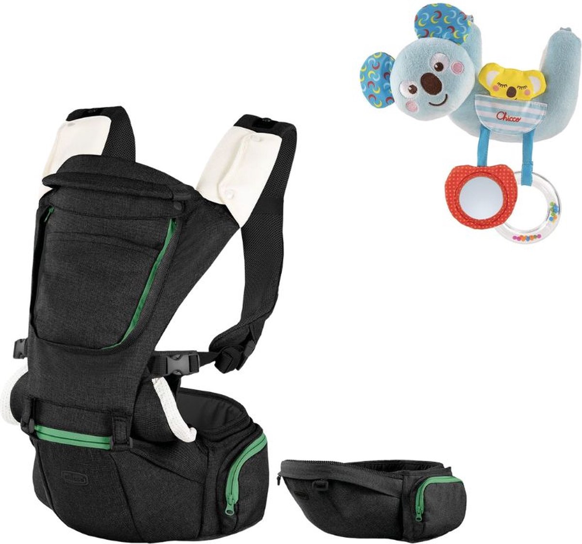 Chicco Bundel - Draagzak Hip Seat - Black & Rammelaar - Koalabeer - Te Bevestigen Aan Kinderwagen - Zwart