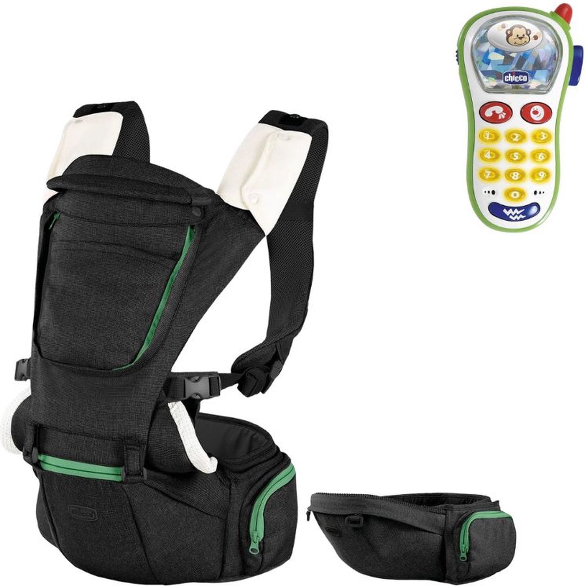 Chicco Bundel - Draagzak Hip Seat - Black & Rammelaar - Baby Fototelefoon - Zwart