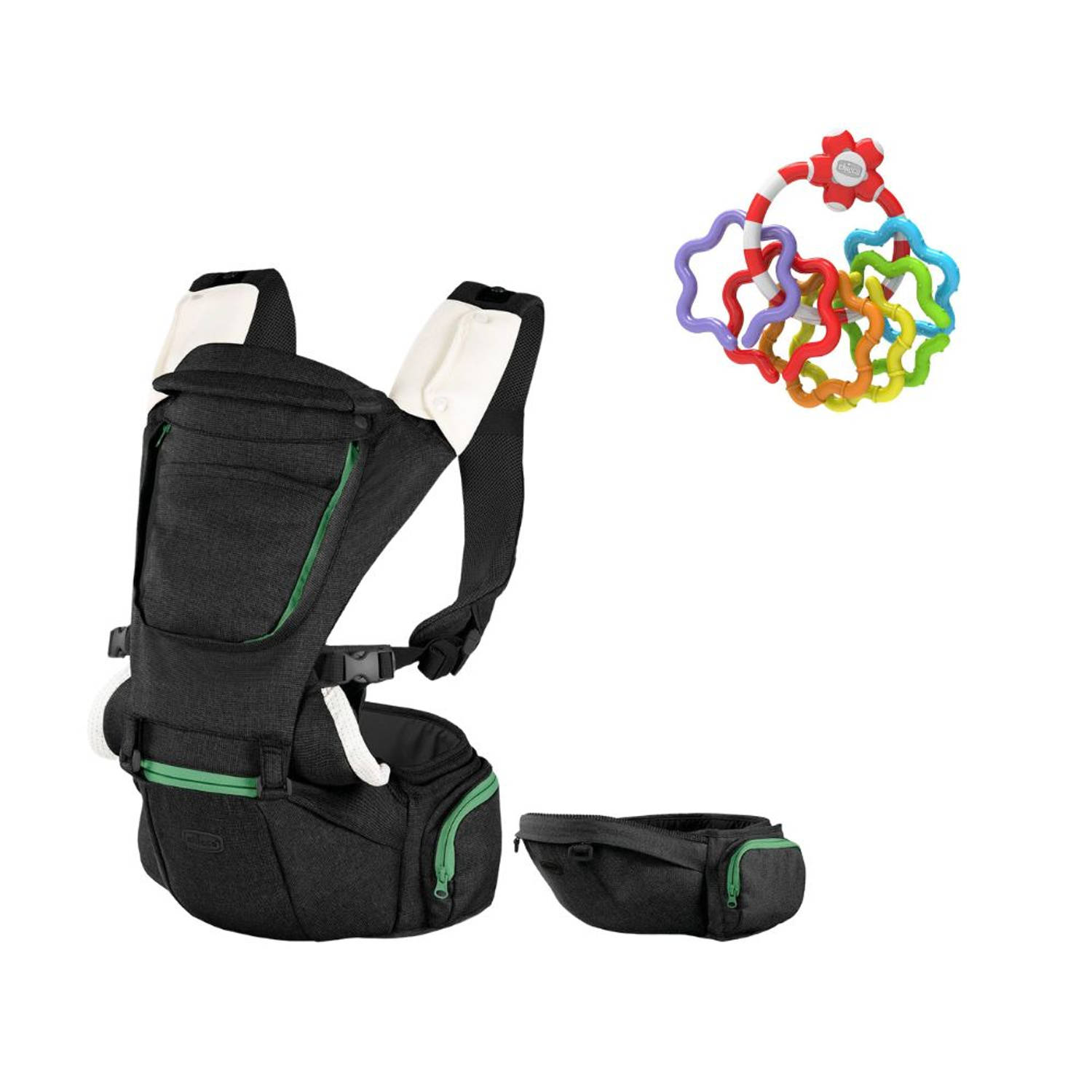 Chicco Bundel - Draagzak Hip Seat - Black & Rammelaar - Regenboog Speelringen - Zwart