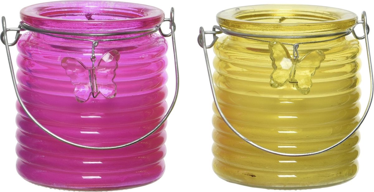 Decoris Set Van 2x Stuks Citronella Anti Muggen Kaarsen Windlicht Roze En Geel 20 Branduren - Geurkaarsen