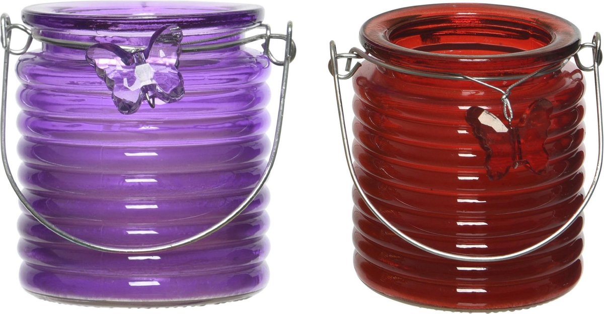 Decoris Set Van 2x Stuks Citronella Anti Muggen Kaarsen Windlicht Paars En Rood 20 Branduren - Geurkaarsen