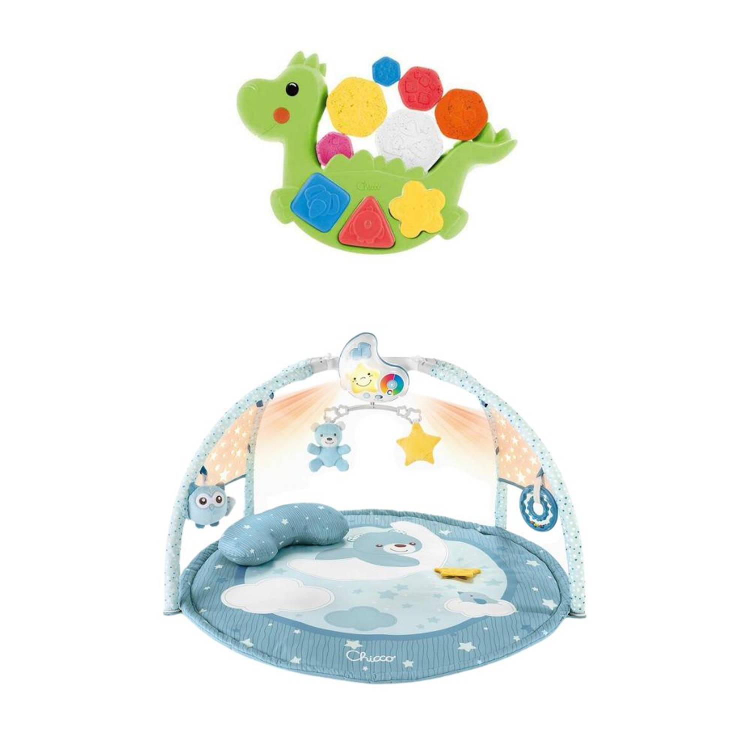 Chicco Bundel - Speelkleed - Babygym Kleurenplezier - Blauw & Puzzel / Vormenstoof - Dino - Roze