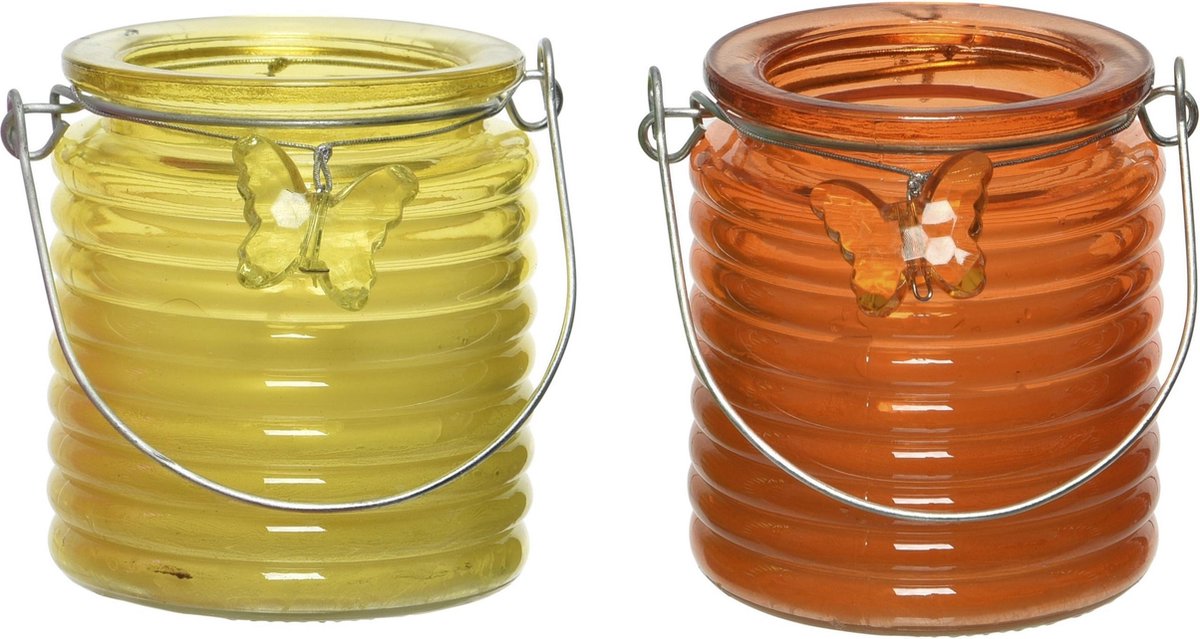 Decoris Set Van 2x Stuks Citronella Anti Muggen Kaarsen Windlicht Geel En Oranje 20 Branduren - Geurkaarsen