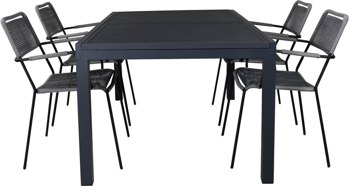 Marbella Tuinmeubelset Tafel 100x160/240cm En 4 Stoel Armleuning Lindos. - Zwart