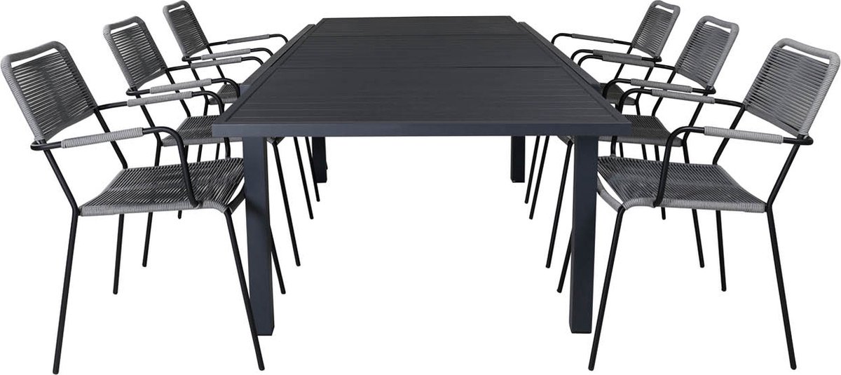 Marbella Tuinmeubelset Tafel 100x160/240cm En 6 Stoel Armleuning Lindos. - Zwart