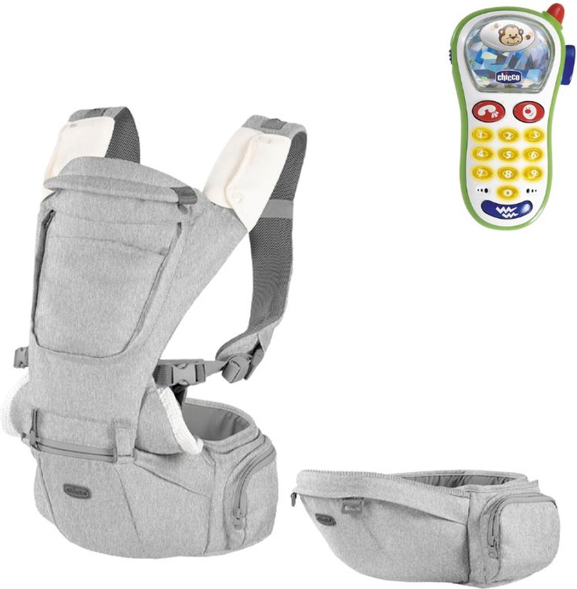 Chicco Bundel - Draagzak Hip Seat - Hazelwood & Rammelaar - Baby Fototelefoon - Beige