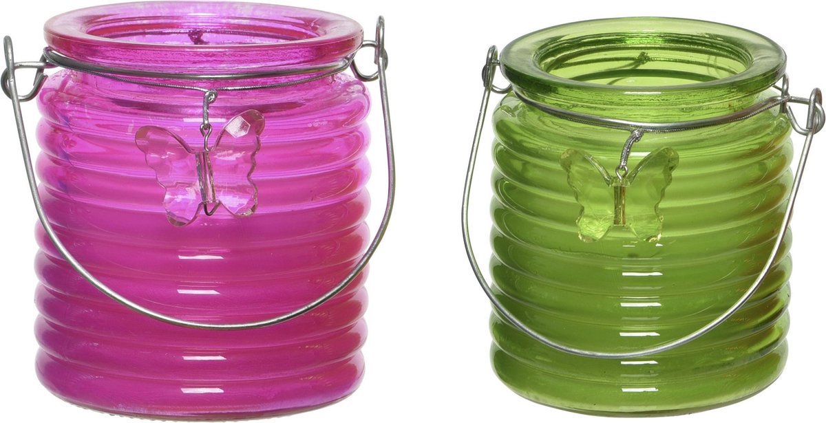 Decoris Set Van 2x Stuks Citronella Anti Muggen Kaarsen Windlicht Roze En Groen 20 Branduren - Geurkaarsen