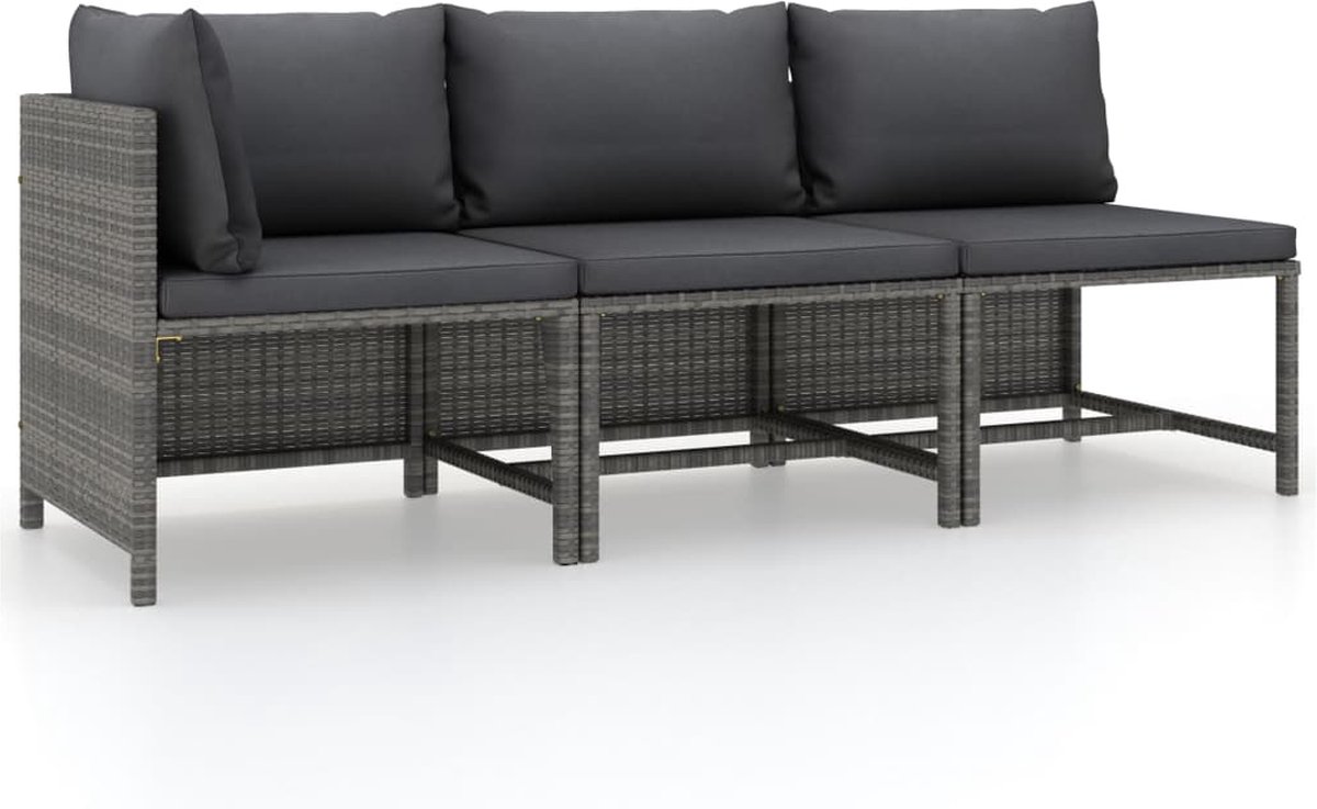 Vidaxl 3-delige Loungeset Met Kussens Poly Rattan - Grijs