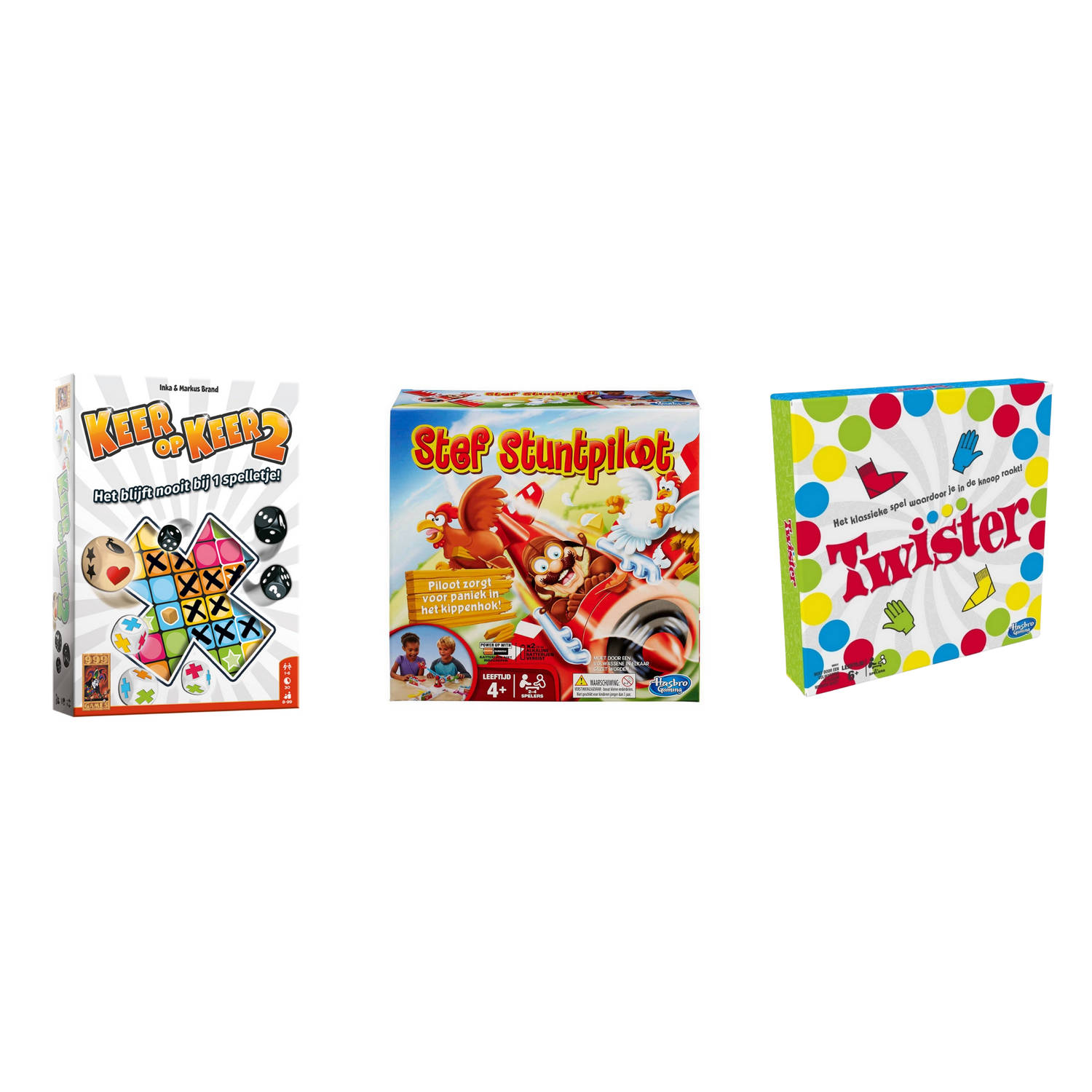 999Games Spellenset - 3 Stuks - Keer Op Keer 2 & Hasbro Twister & Stef Stuntpiloot