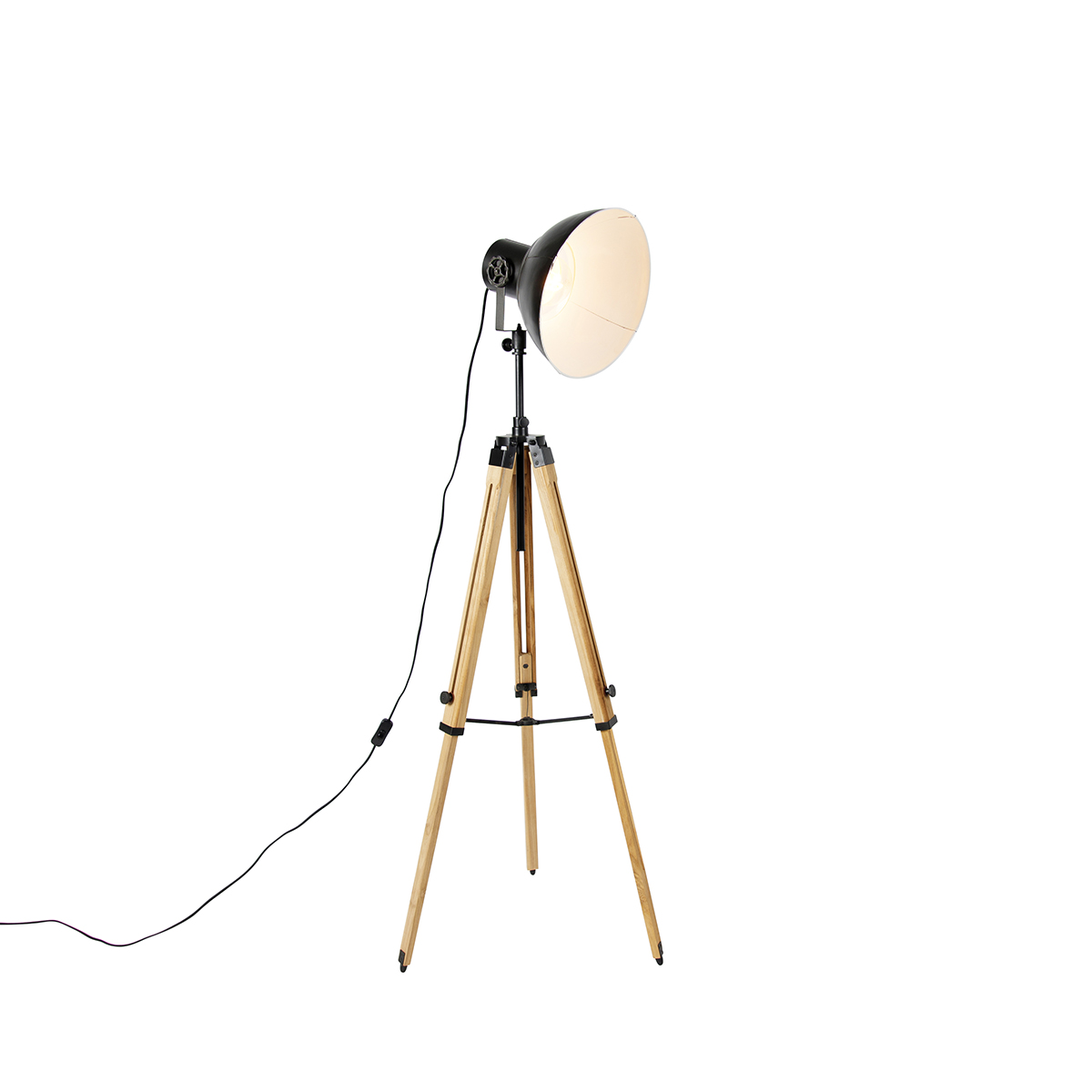 QAZQA Industriële tripod vloerlamp met hout - Mangoes - Zwart