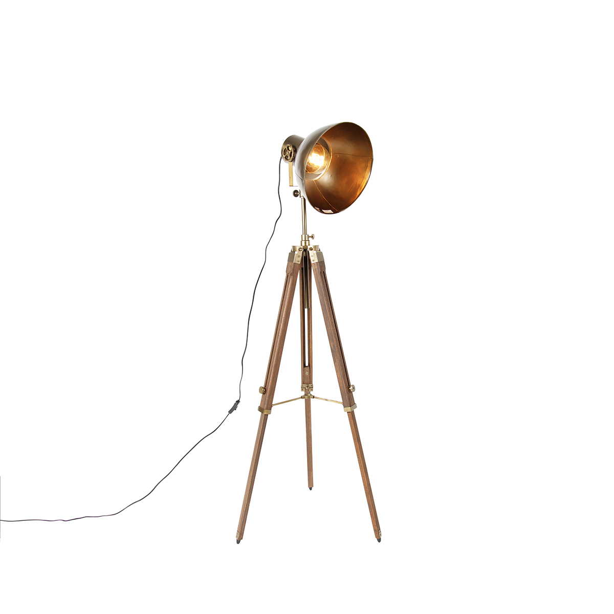 QAZQA Industriële tripod vloerlamp brons met hout - Mangoes