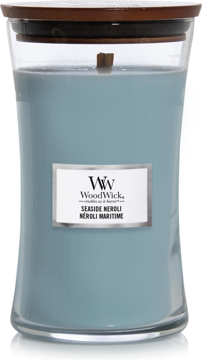 Woodwick Hourglass Large Geurkaars - Seaside Neroli - Blauw