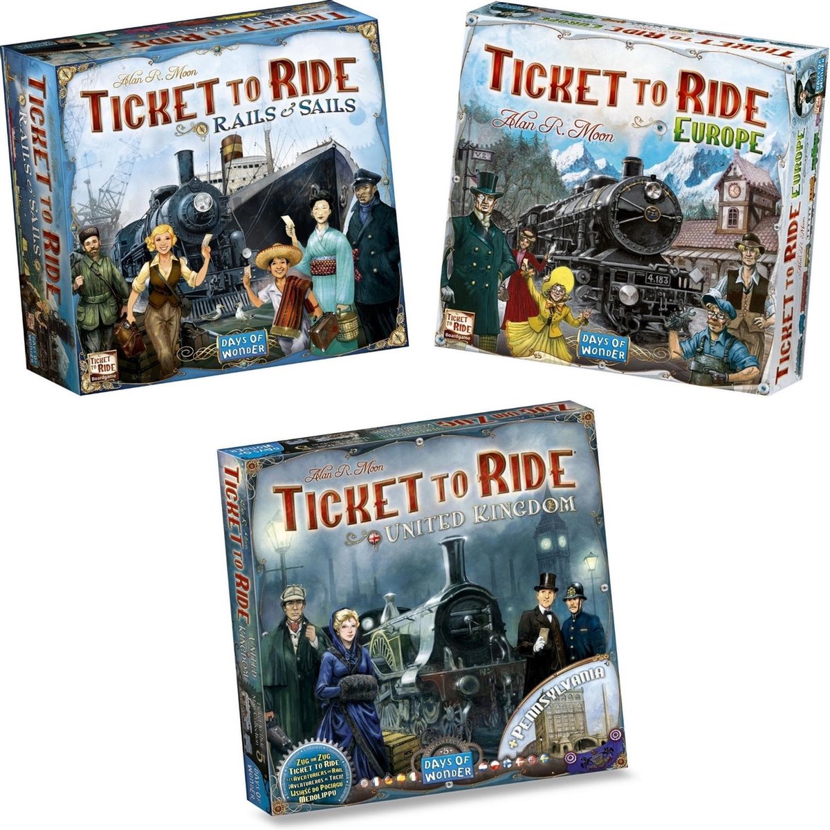 Days of Wonder Ticket To Ride - 3 Stuks - Basisspellen Rails And Sails En Europa & Uitbreiding Uk + Pennsylvania