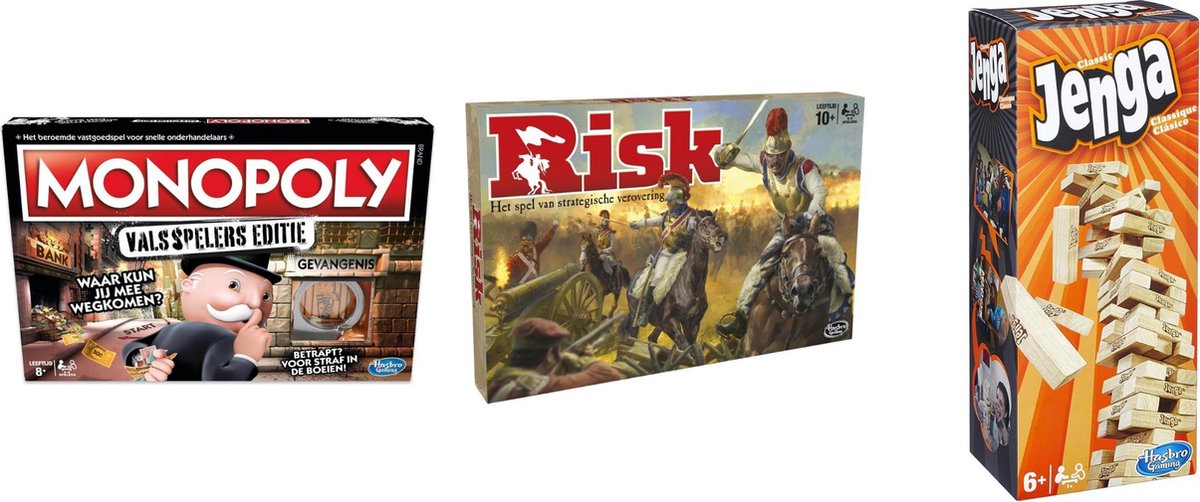 Hasbro Spellenbundel - Bordspellen - 3 Stuks - Monopoly Valsspelerseditie & Risk & Jenga