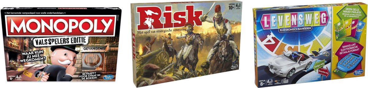 Hasbro Spellenbundel - Bordspellen - 3 Stuks - Monopoly Valsspelerseditie & Risk & Levensweg Elektronisch Bankieren