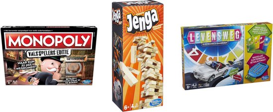 Hasbro Spellenbundel - Bordspellen - 3 Stuks - Monopoly Valsspelerseditie & Jenga & Levensweg Elektronisch Bankieren
