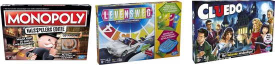 Hasbro Spellenbundel - Bordspellen - 3 Stuks - Monopoly Valsspelerseditie & Levensweg Elektronisch Bankieren & Cluedo