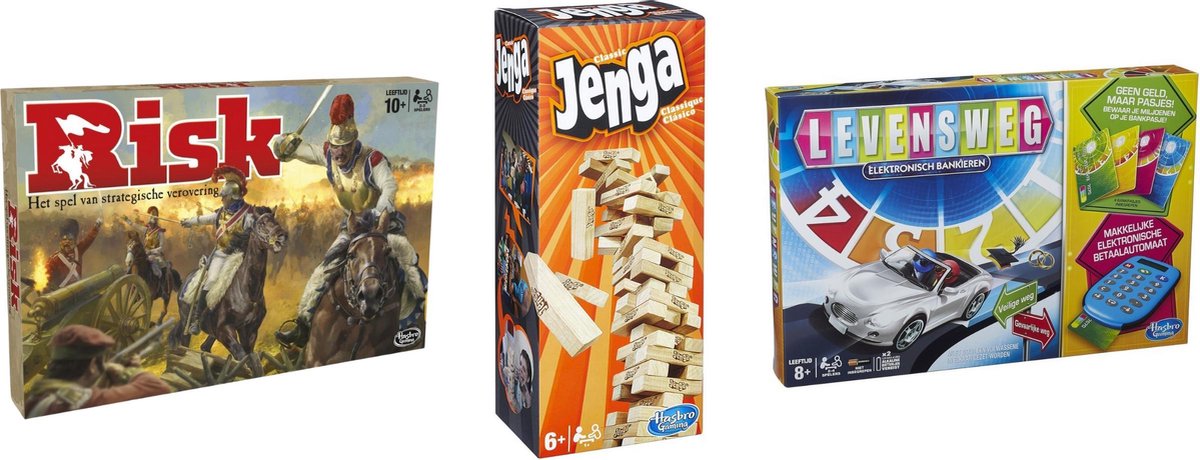 Hasbro Spellenbundel - Bordspellen - 3 Stuks - Risk & Jenga & Levensweg Elektronisch Bankieren