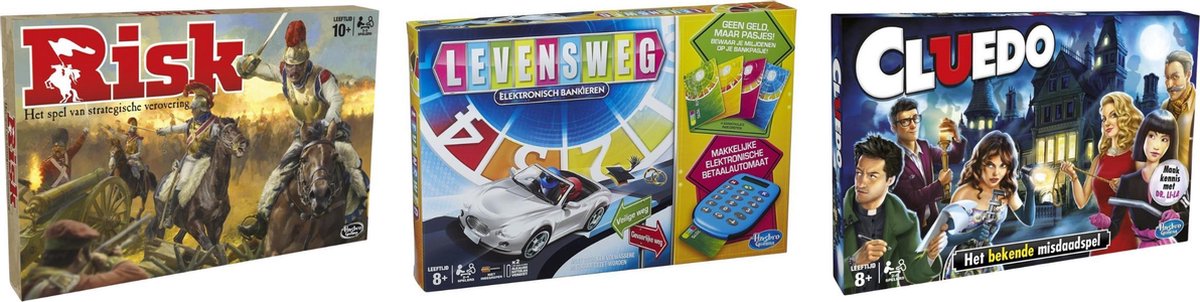 Hasbro Spellenbundel - Bordspellen - 3 Stuks - Risk & Levensweg Elektronisch Bankieren & Cluedo
