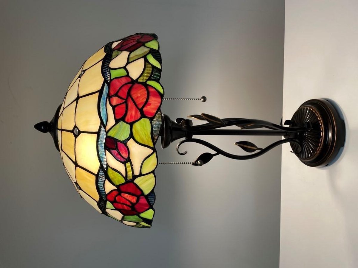 Clayre & Eef Tafellamp Tiffany Compleet ø 35x61 Cm 2x E27/60w -, Groen, Rood, Ivory - Ijzer, Glas - Bruin