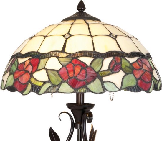 Clayre & Eef Tafellamp Tiffany Compleet ø 35x61 Cm 2x E27/60w -, Groen, Rood, Ivory - Ijzer, Glas - Bruin
