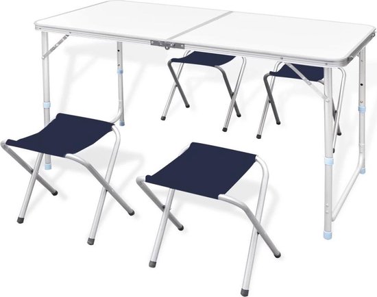 Campingtafel Inklapbaar En Verstelbaar Aluminium 120 X 60 Cm 4 Stoelen - Wit