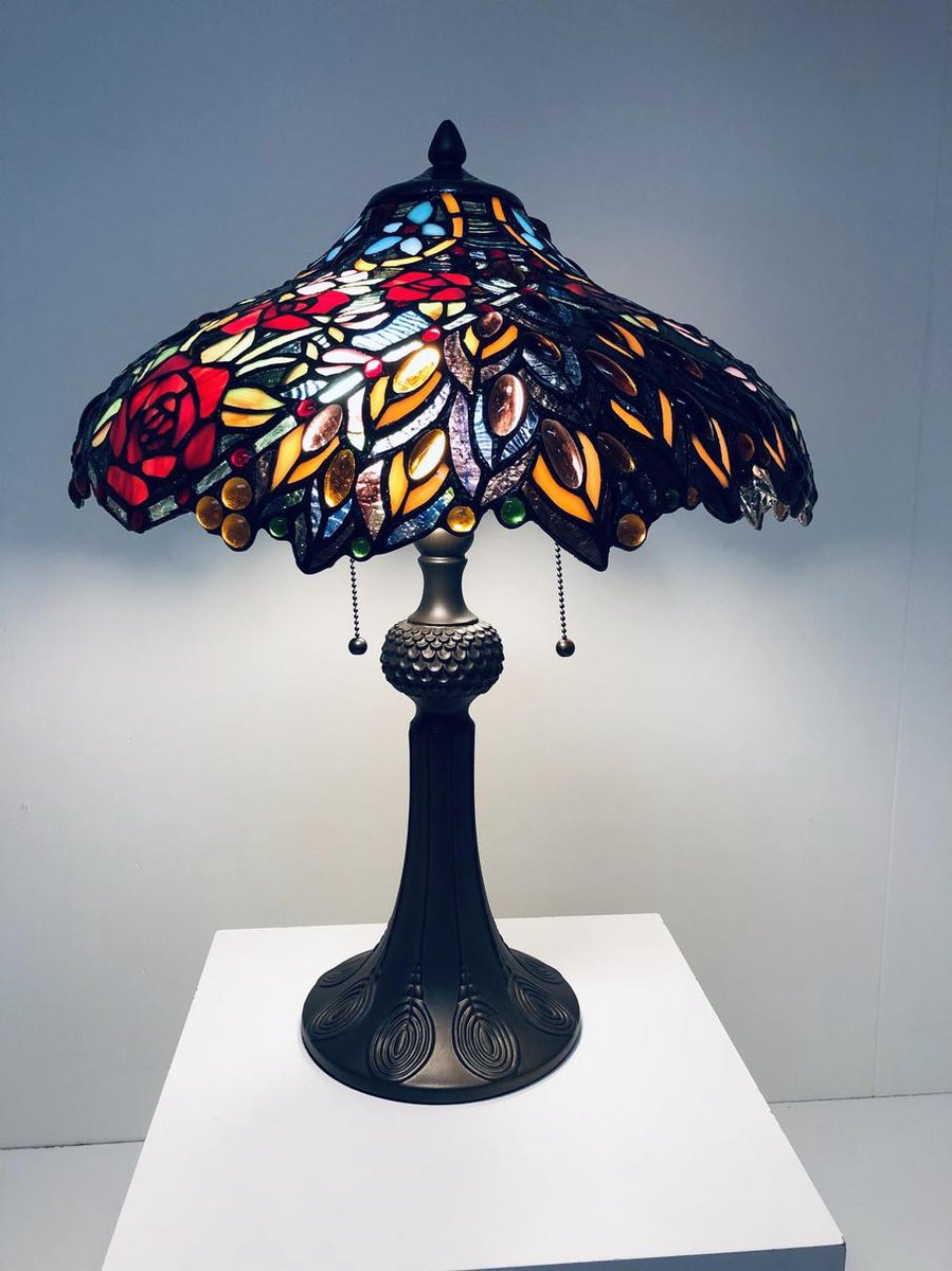 Clayre & Eef Tafellamp Tiffany Compleet 58 X ø 43 Cm -,, Multi Colour - Ijzer, Glas - Bruin