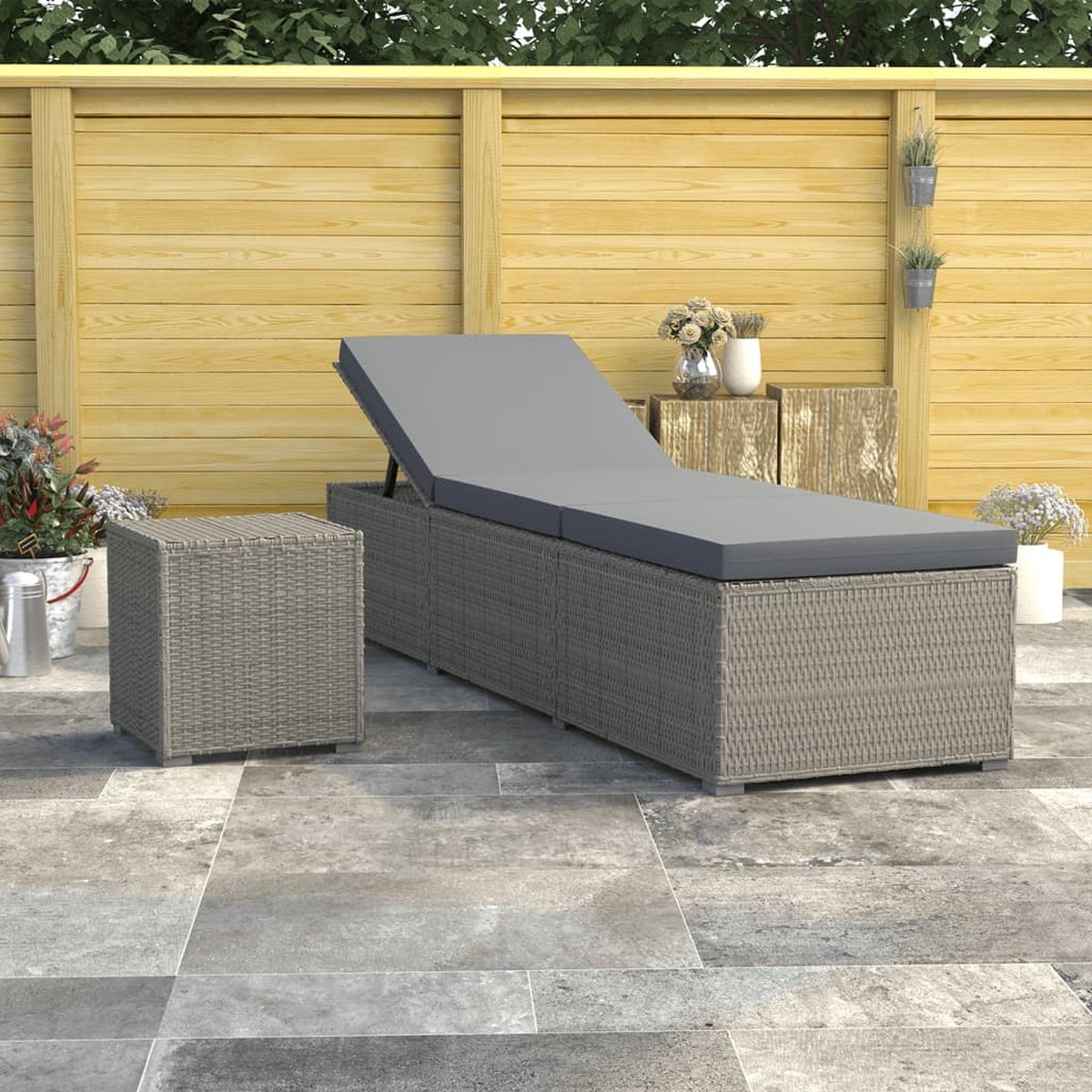 Vidaxl Ligbed Met Kussen En Theetafel Poly Rattan - Gris