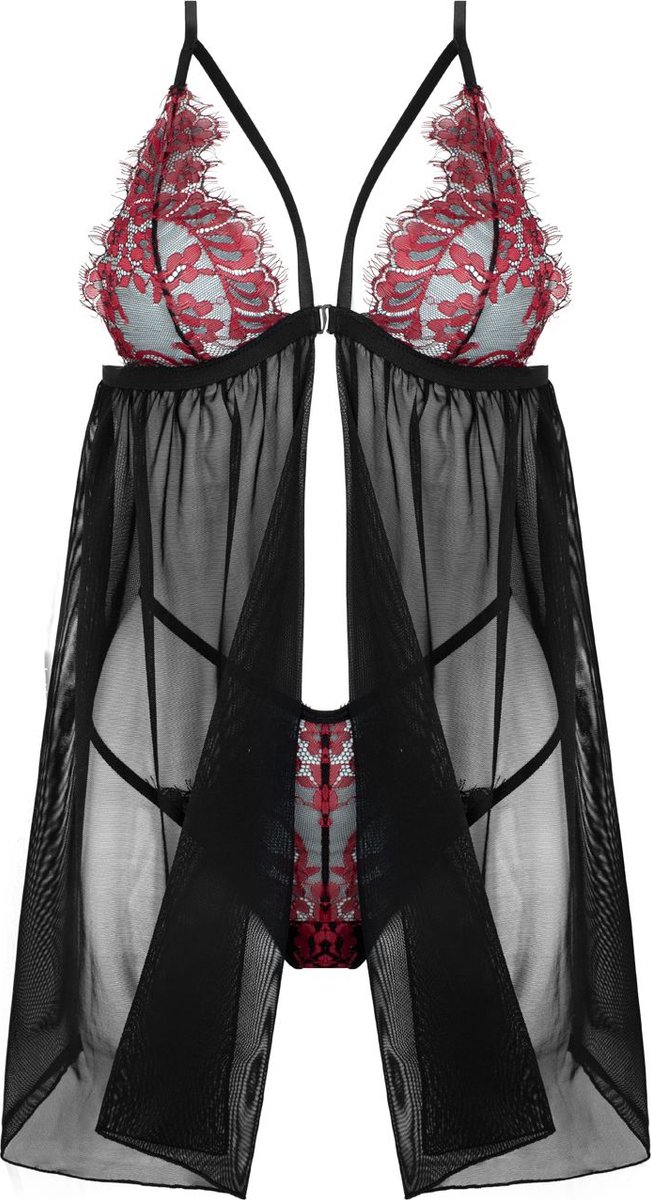 Christine le Duc Babydoll met string Fleur de Plaisir - zwart/ - Rood