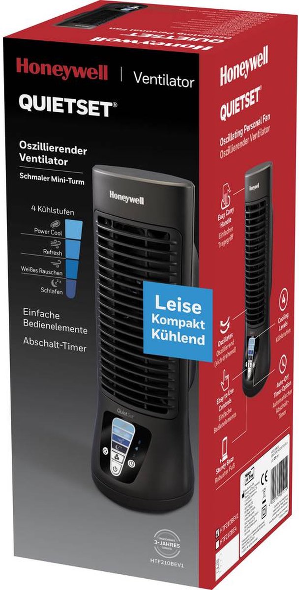Honeywell - Ventilador QuietSet HTF210BE Oscilante, Ventilador Minitorre, Silencioso Negro - Zwart