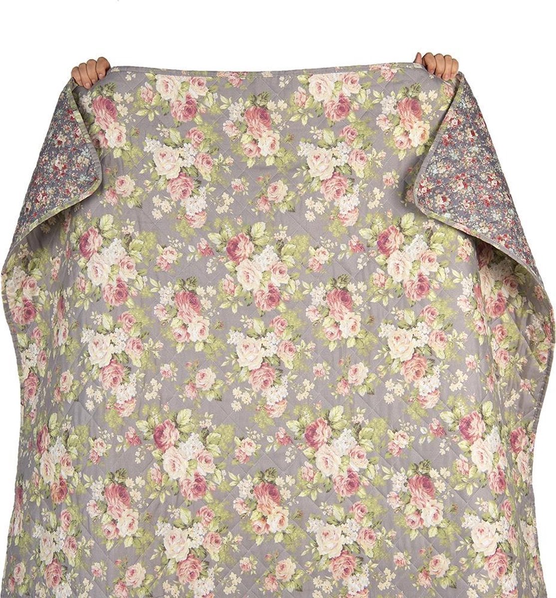 Clayre & Eef Bedsprei - 240*260 Cm - Meerkleurig - Polyester - Bloemen - Q188.061 - Grijs