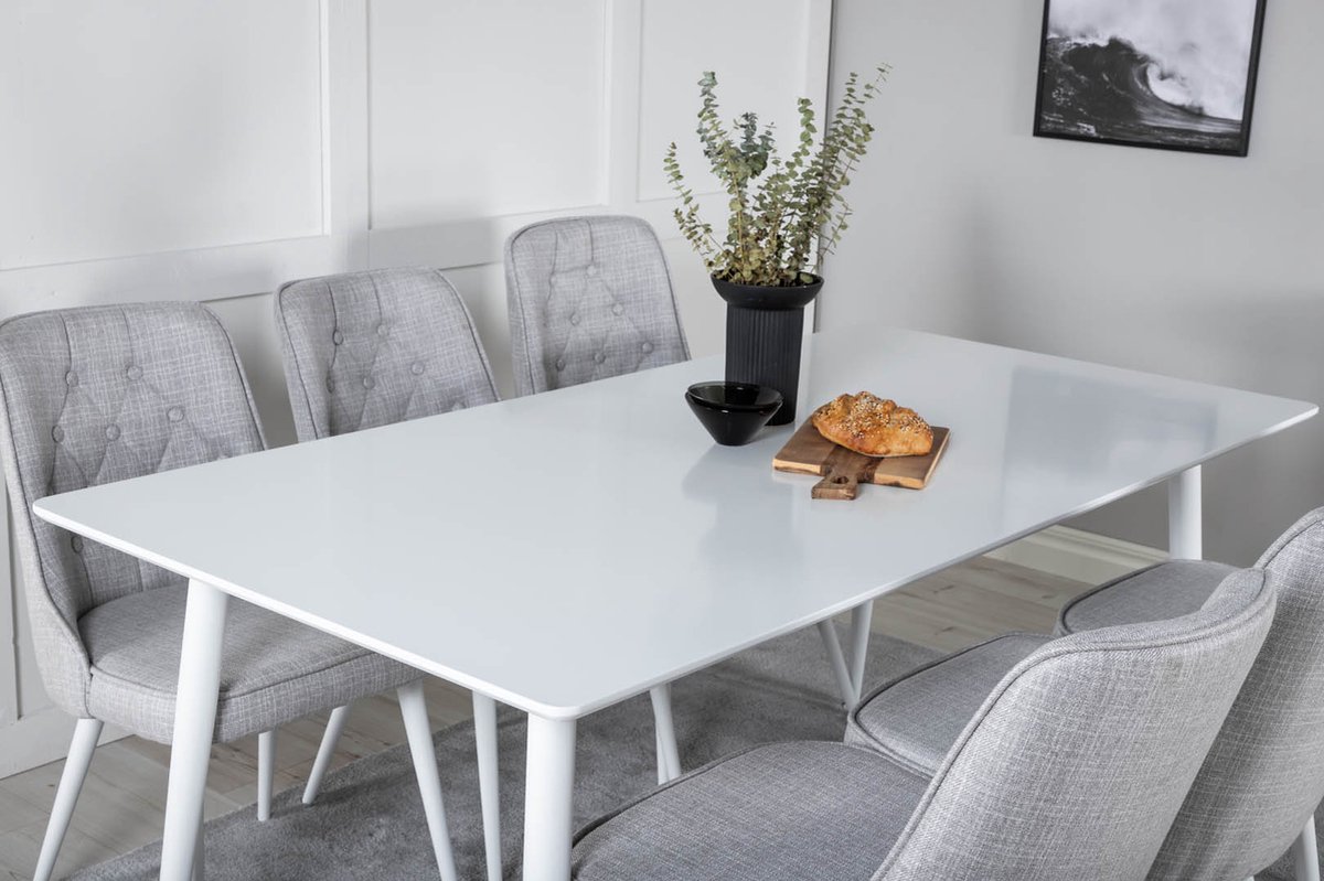Polar180x90whwh Eethoek Eetkamertafel Wit En 6 Velvet Deluxe Eetkamerstal Lichtgrijs, Wit.