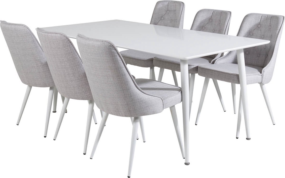 Polar180x90whwh Eethoek Eetkamertafel Wit En 6 Velvet Deluxe Eetkamerstal Lichtgrijs, Wit.