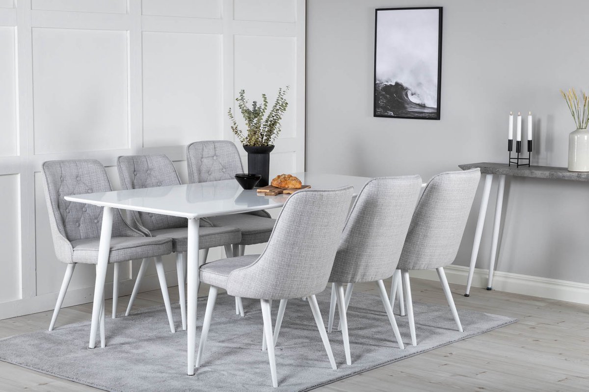 Polar180x90whwh Eethoek Eetkamertafel Wit En 6 Velvet Deluxe Eetkamerstal Lichtgrijs, Wit.