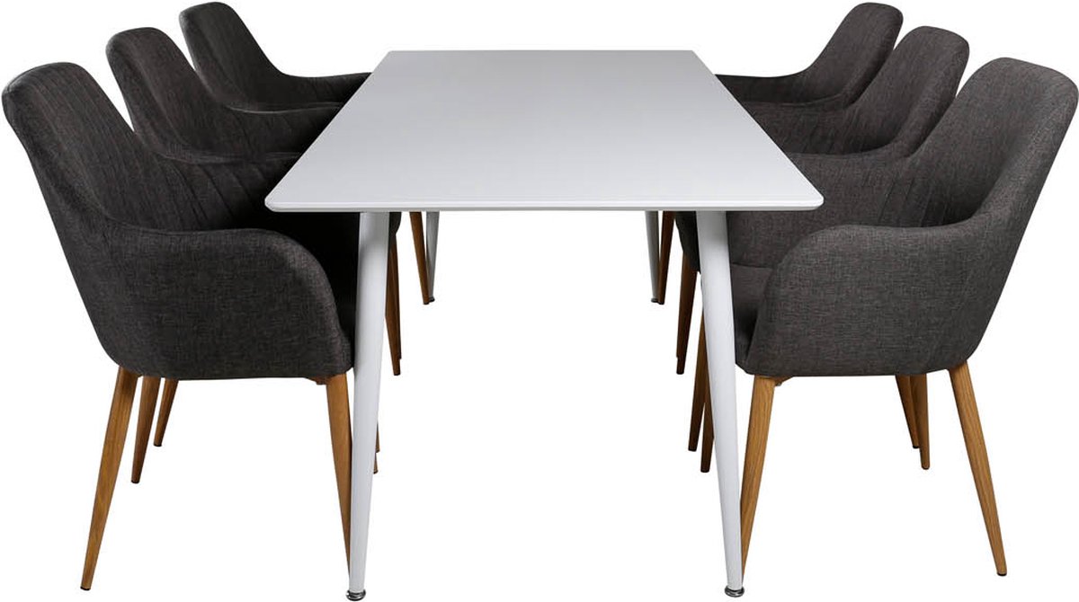 Polar180x90whwh Eethoek Eetkamertafel Wit En 6 Comfort Eetkamerstal Grijs, Eik Decor.