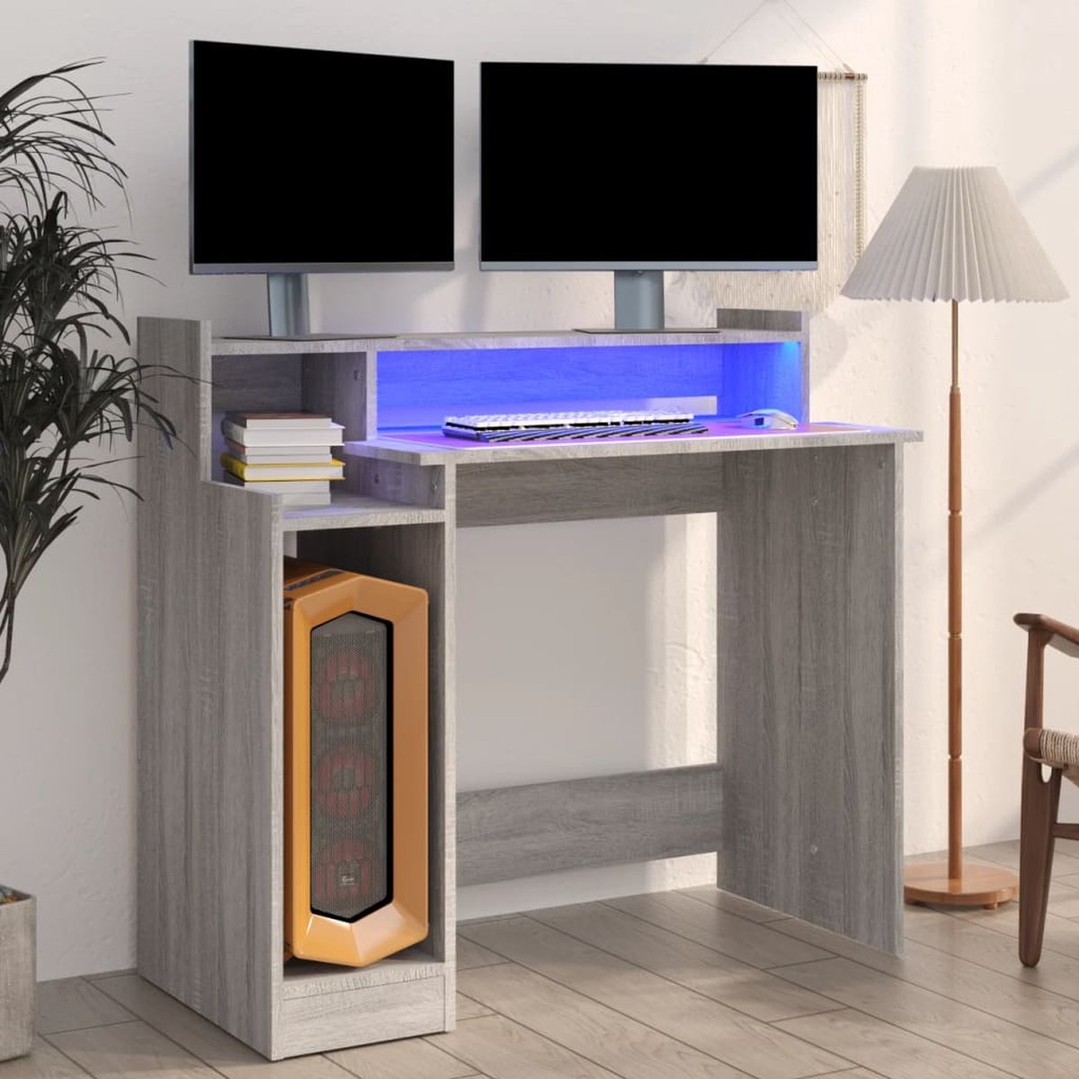 Vidaxl Bureau Met Led-verlichting 97x90x45 Cm Hout Sonoma Eiken - Grijs