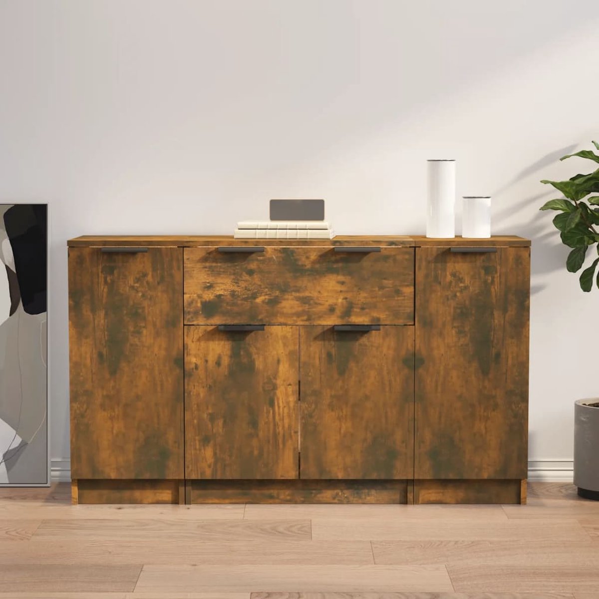Vidaxl Dressoirs 3 St Bewerkt Hout Gerookt Eikenkleurig - Bruin