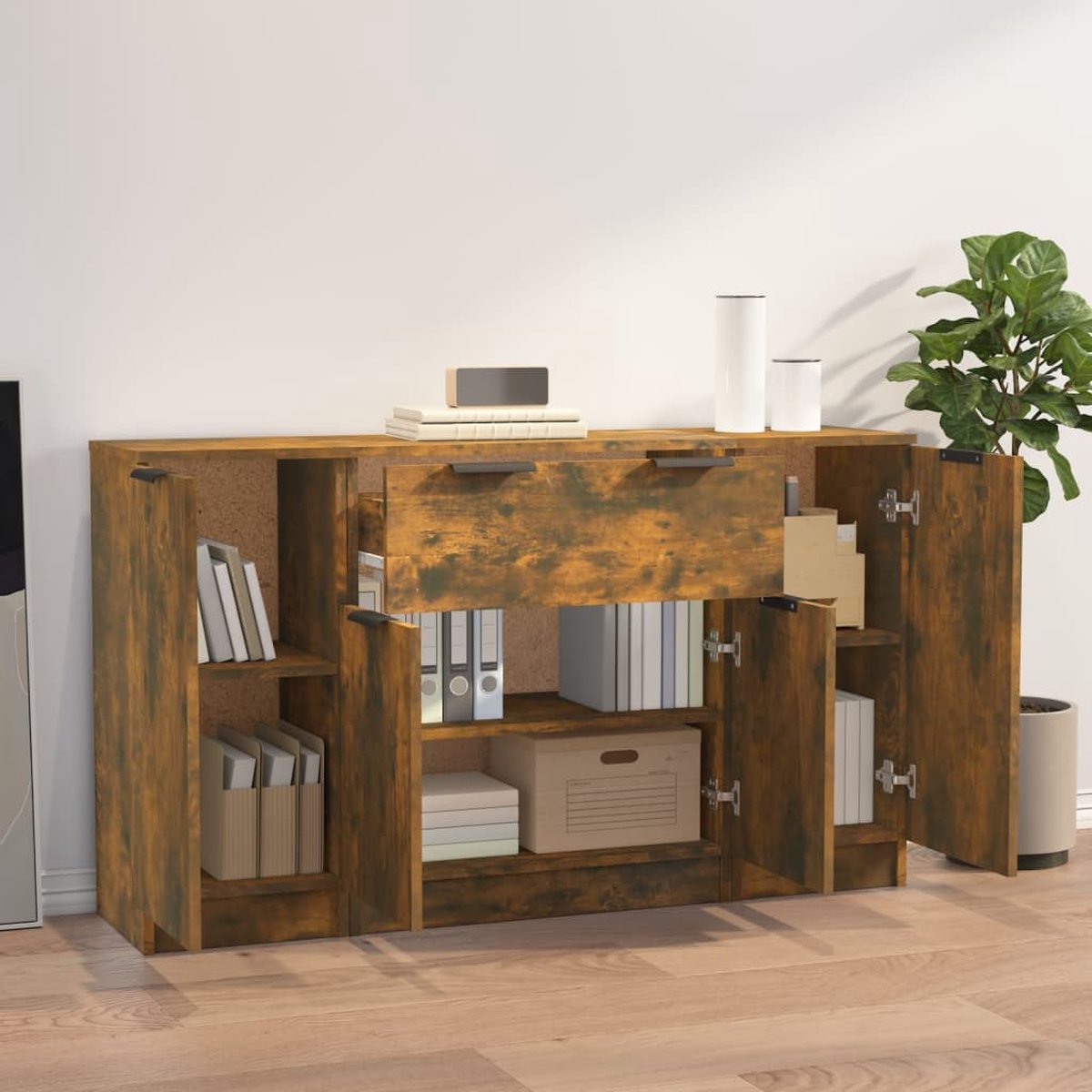 Vidaxl Dressoirs 3 St Bewerkt Hout Gerookt Eikenkleurig - Bruin