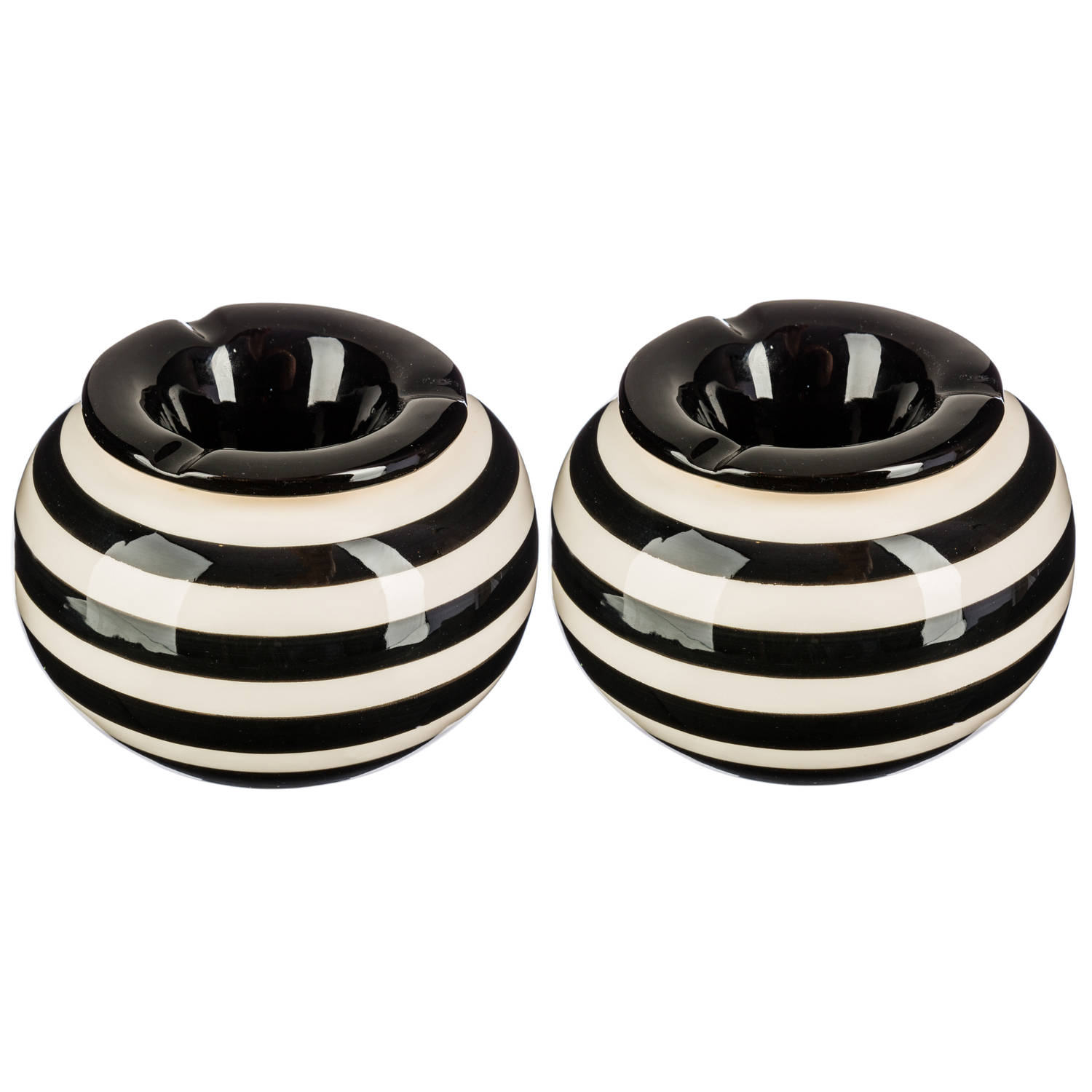 Set Van 2x Stuks Terras Asbakken/stormasbakken Rond Keramiek 12 X 7,5 Cm Met Streep - Asbakken - Zwart