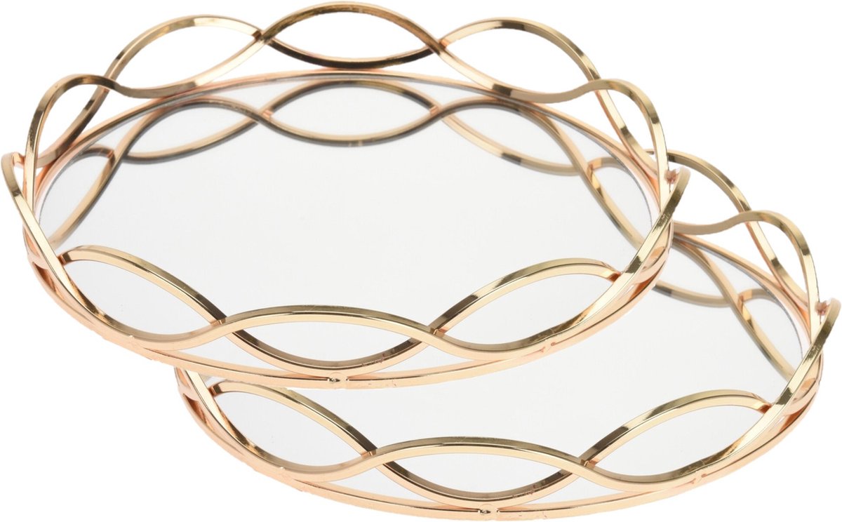 2x Stuks Ronde Kaarsenborden/kaarsen Plateaus Goud Met Spiegelbodem D23 Cm - Kaarsenplateaus