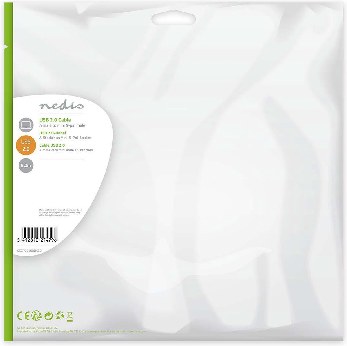 Nedis USB 2.0-Kabel | A Male - Mini 5-Pins Male | 5,0 m | - Zwart