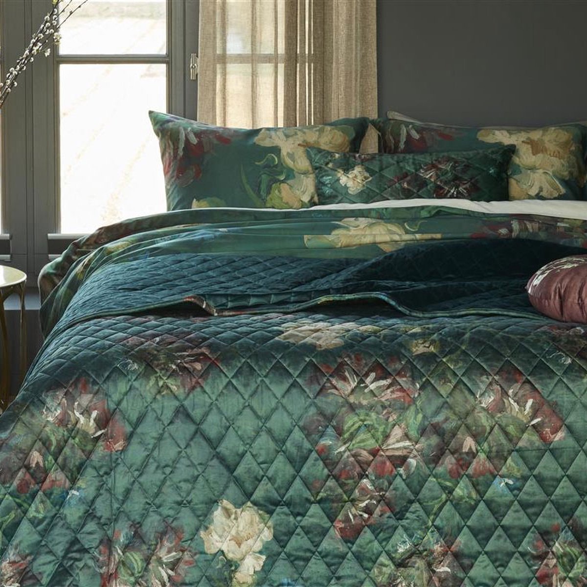 Beddinghouse x Van Gogh Peonies Green plaid - Groen